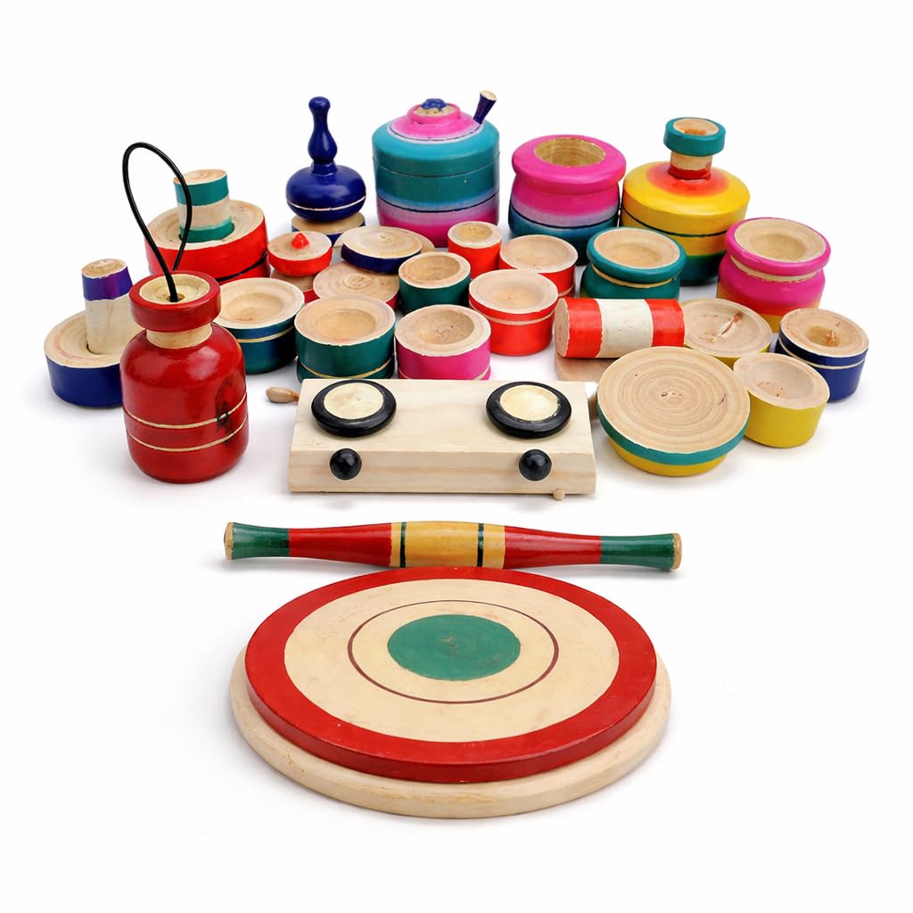 Mamushop Chennapattana Wood Eco Friendly Wooden Kids Toy Kitchen Set/Choppu Jaman Made In India Kids Gas Stove With Cylinder Combo-Multi Color