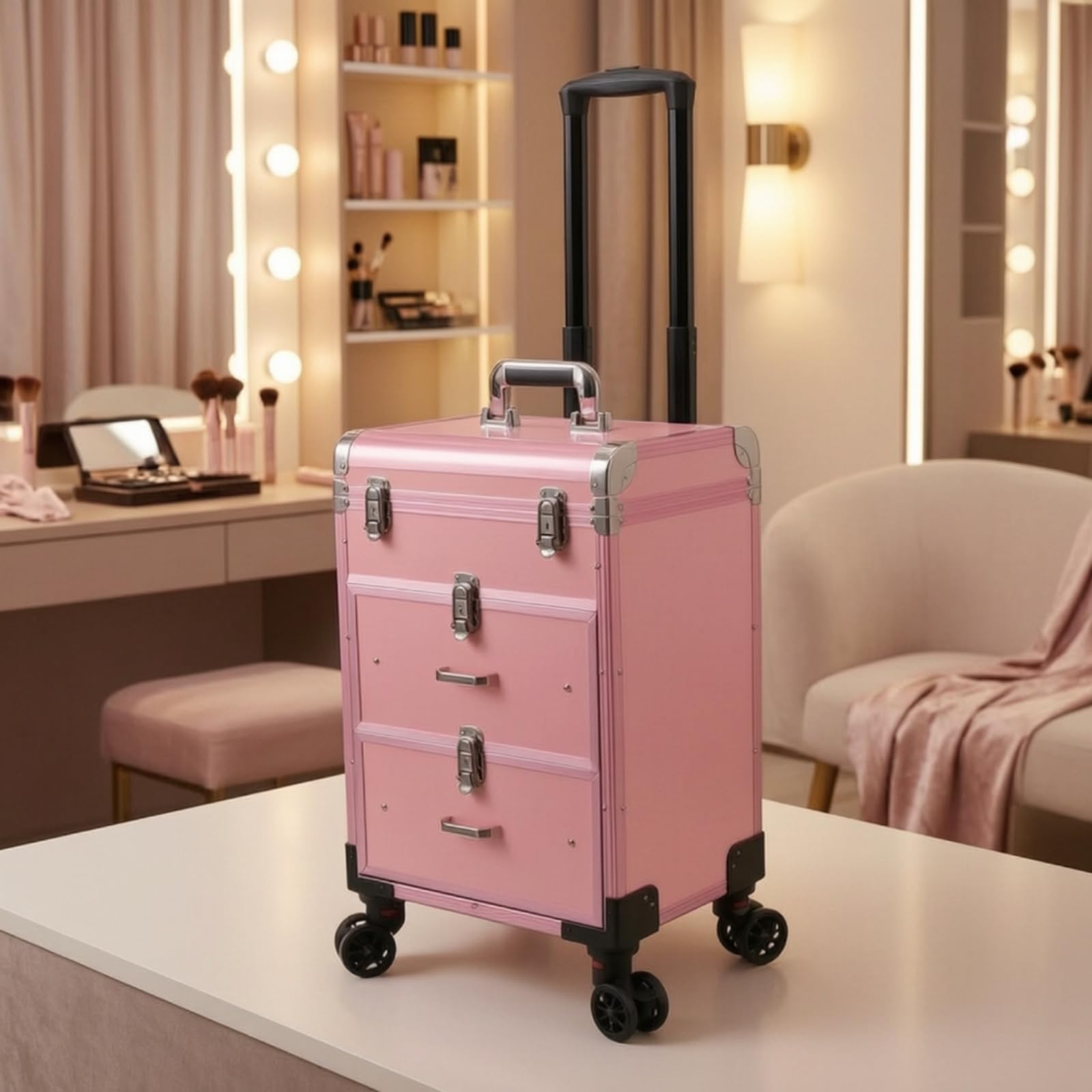 harayaa Maquilleur Étui Valise Trolley Coffret Mallette avec Coque de et Métal Poignée Télescopique et roulettes Douces Rangements Compartimentés et, Rose, Rose