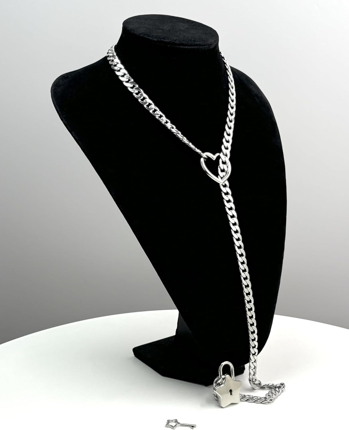 paloli Womens Slip Chain Necklace Heart O-Ring, Punk Rock Cuban Long Necklace Jewelry For Women, Adjustable Lariat Y-Necklace Heart Locker With Key - Image 4