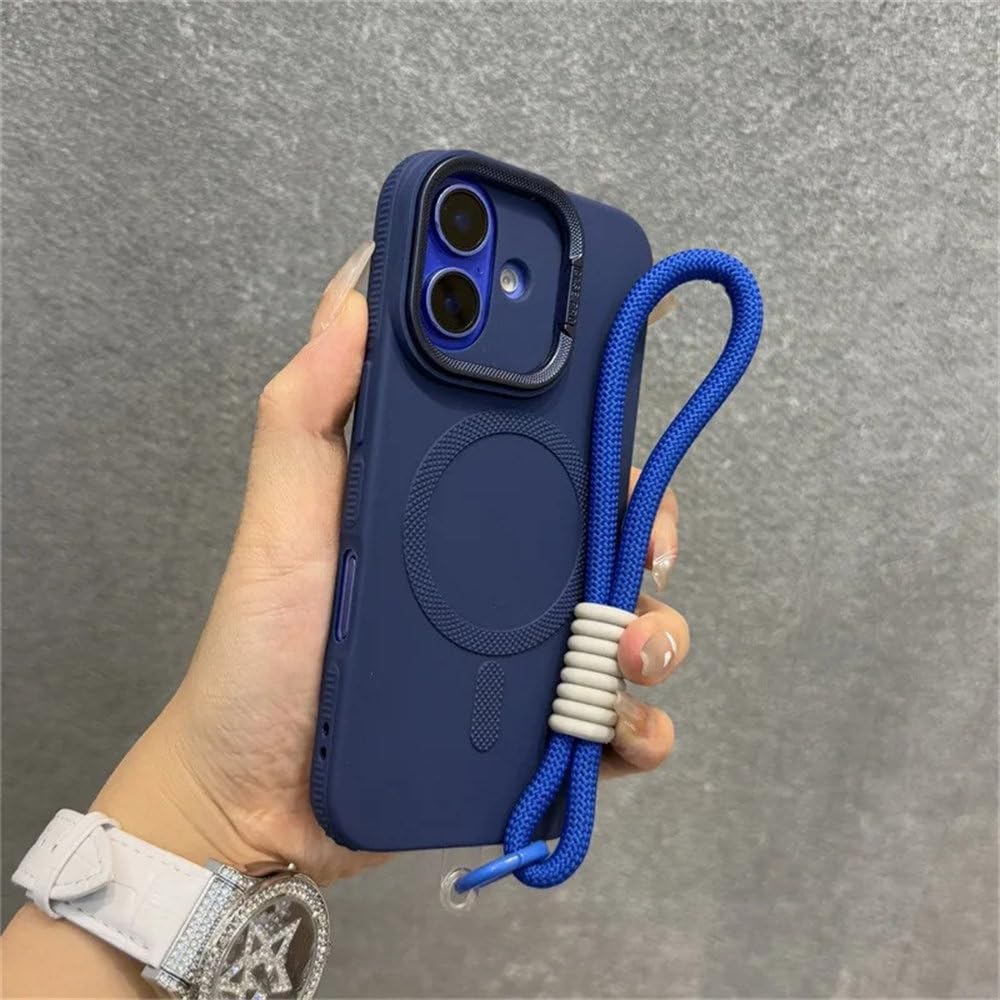 Etui magnetyczne z uchwytem na obiektyw i smyczą do iPhone'a 11 12 13 14 15 16 Pro Max 16 Plus, opaska na nadgarstek, bezprzewodowe ładowanie, miękka osłona, ciemnoniebieska smycz, do iPhone'a 12 Pro