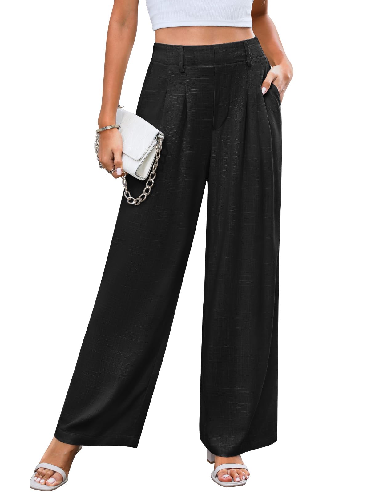 CMTOP Leinenhose Damen Lässig Sommerhose Weites Bein Leicht Stoffhose Elegant Business Hose Hohe Taille Culotte Hose mit Taschen