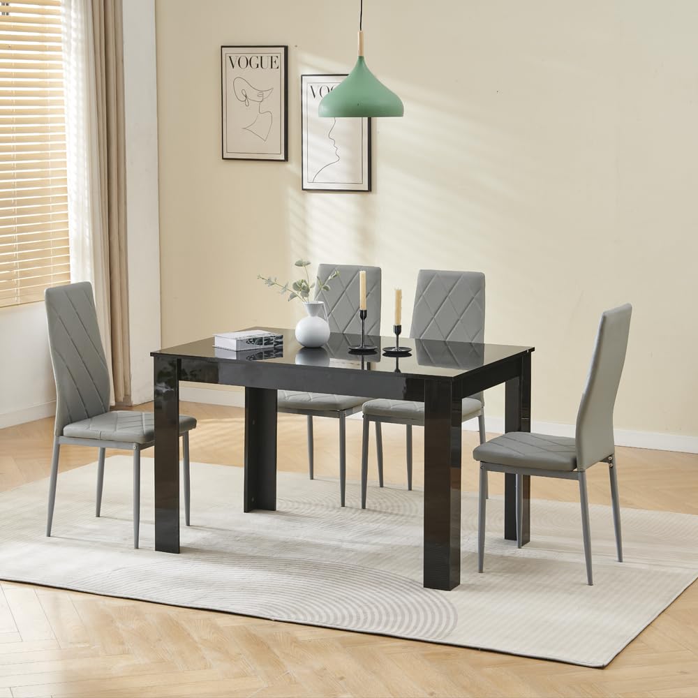 Menaka Wood Dining Table and Chairs Set of 4, Small Rectangular Kitchen Dinner Table with 4 Seaters (argyle grid grey leather chairs, 120m high gloss black table, 4 seaters) — image 1