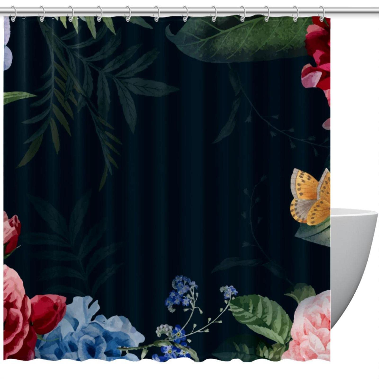 Rideau de douche anti moisissure lavable motif fleurs et papillons aquarelle