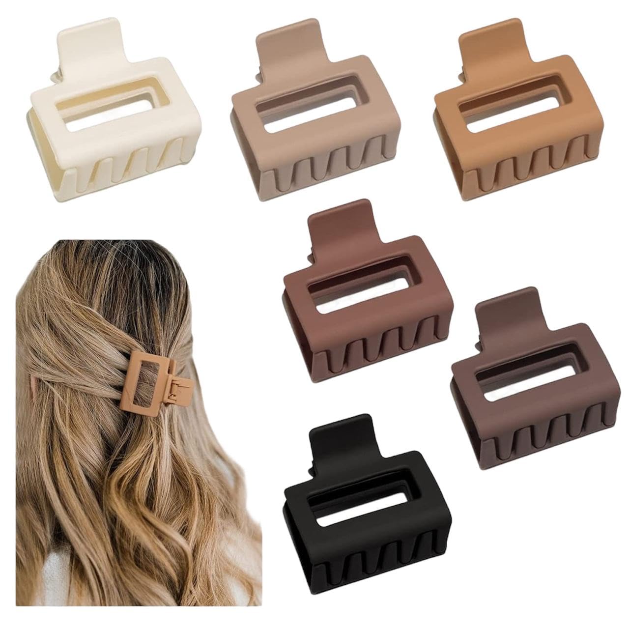 Bakefy 6 Pack Square Claw Clips, Hair Claw Clips For Women & Girls, 2.2 Inch Small Hair Clips, Medium Rectangle Claw Hair Clip, Matte Banana Jaw Clips For Thin Half Hair (Multicolour)