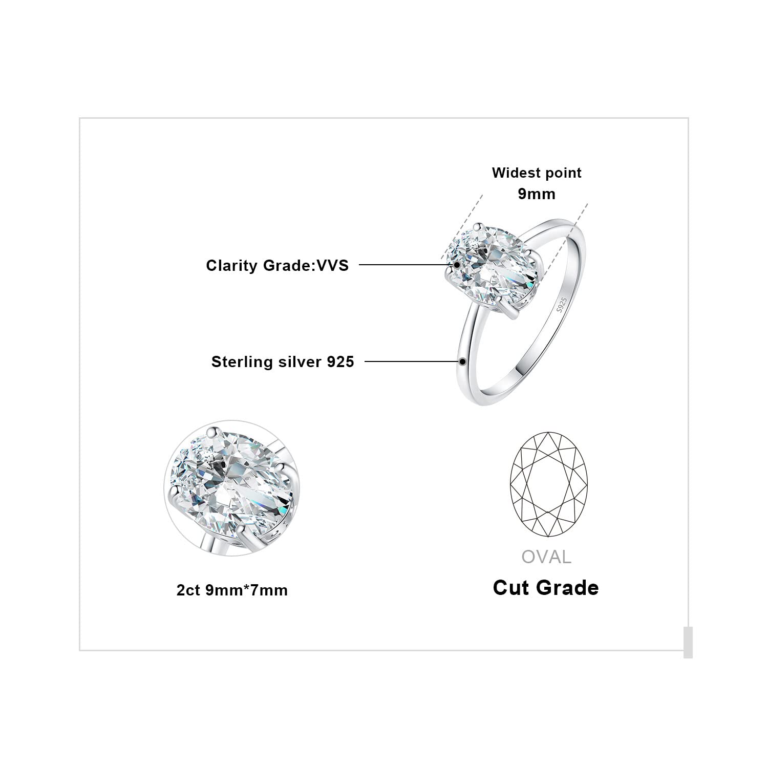 JewelryPalace 1-2ct Classique Cubic Zirconia Moissanite Bague Ovale Solitaire Pierre Argent 925 Femme, Plaqué Or Jaune Or Rose Bague Diamant Simulé Fiançailles Mariage, Ensemble Parure Bijoux Mariee
