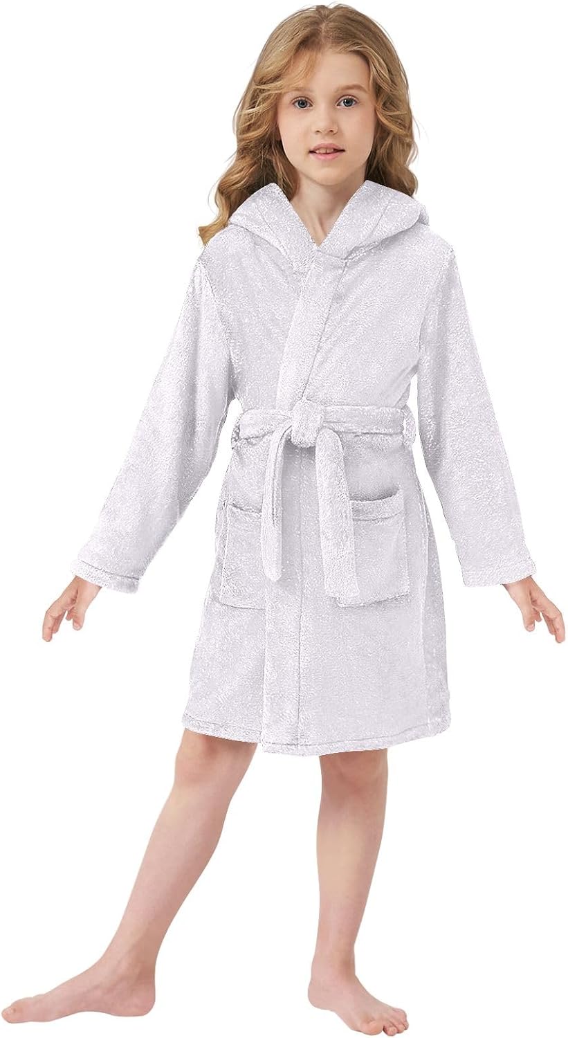 ODAWA Magnolia Kids Bathrobe - Soft Plush Hooded Towel Robe for Boys Girls, Quick Dry Swimming Beach Bath Wear
