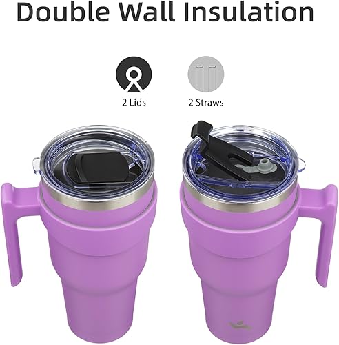Miniatura 3 de Vaso con asa de acero inoxidable con aislamiento térmico al vacío, con 2 popotes y 2 tapas, reutilizable, de 30 onzas, color lavanda