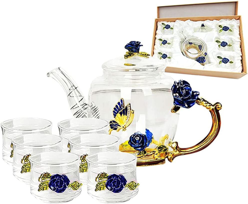 60% оƒƒ Dіѕсоunt Affogato Glass Teapot - 280 ml (9.47 oz) - with 6 Cups France Enamel Blue Rose Flower Butterfly Decoration Heat Resistant Glass Teapot Kettle with Strainer for Blooming Tea, Loose Leaf Tea