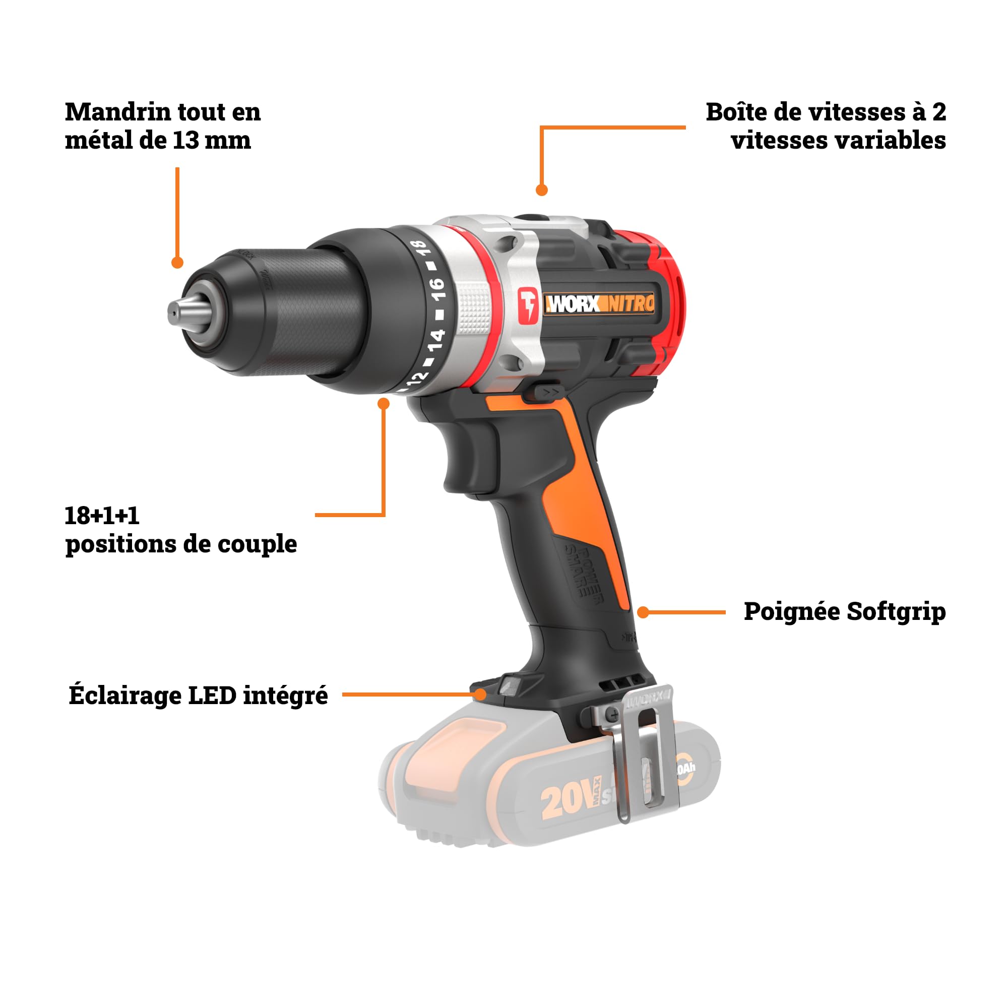 WORX Perceuse à Percussion sans Fil 20V WX354.9, 2 en 1, moteur Brushless, technologie Active Hammer, couple réglable 60 Nm, Mandrin 13 mm, pour tous matériaux, sans Batterie ni Chargeur