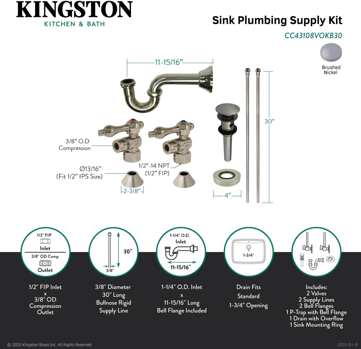 Kingston Brass CC43108VOKB30 Trimscape Traditional Plumbing Sink Trim Kit with P-Trap and Overflow Drain in Brushed Nickel