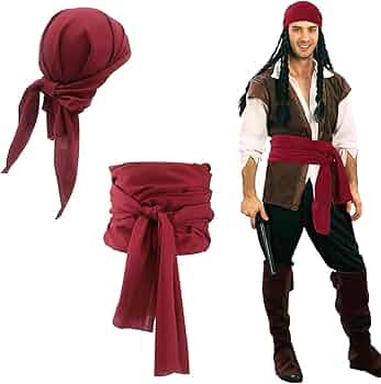 Ensemble Accessoire Pirate Déguisement Cosplay Fête Thème Costume Pirate KOMUNJ - Bandeau Ceinture Cache-Œil Écharpe - Déguisement Carnaval Halloween Echarpe Rouge Homme