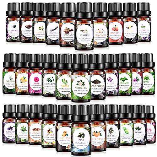 Essential Oils Set, Aromatherapy Essential Oil Kit for Diffuser, Humidifier, Massage, Skin Care (32 x 5ml) - Eucalyptus, Lavender, Tea Tree, Peppermint, Lemongrass, Frankincense, Cinnamon, Sandalwood