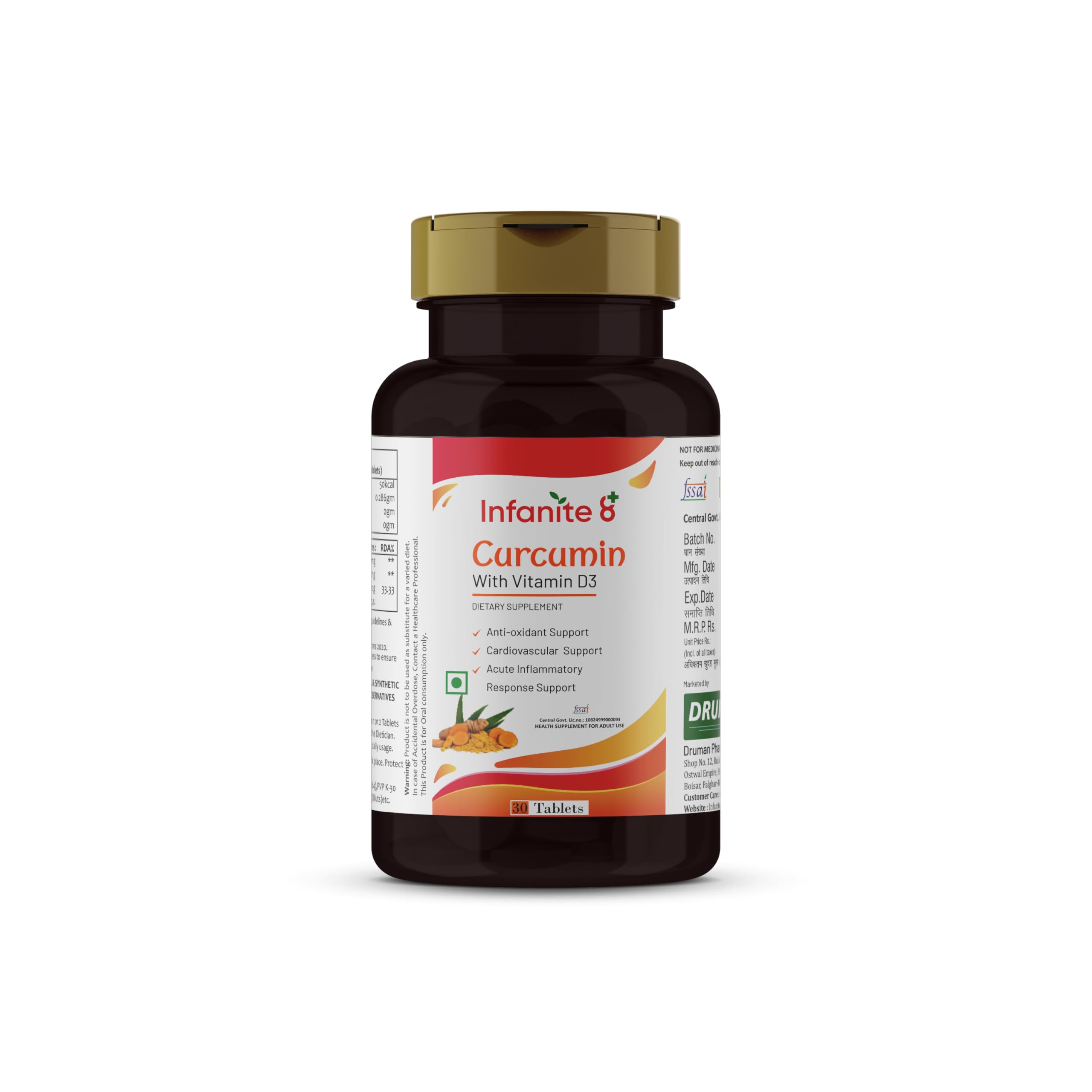 Infanite 8 Curcumin with Vitamin D3 & Grape Seed Extract | 500mg Turmeric Extract with 95% Curcuminoids & Bioperine | Joint, Immunity & Antioxidant Support | 30 Tablets-image-7