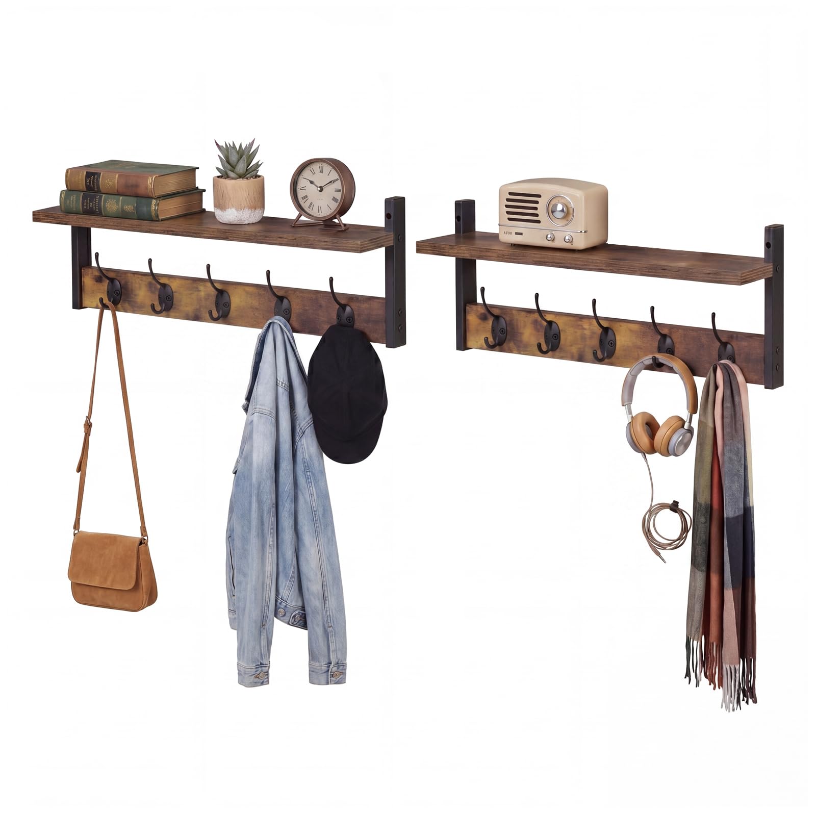 Levede Coat Rack Wall Mounted Wooden Hook Hanger Storage Shelf 2 Pack