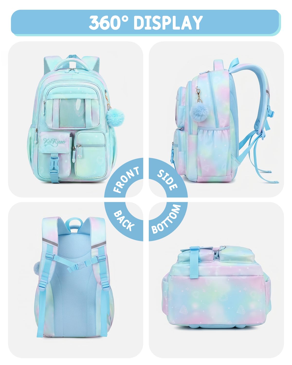 Tanou Schultasche Mädchen Rucksack Schule Mädchen der 1. bis 4. Klasse | Schulrucksack für Mädchen Atmungsaktiv, Wasserabweisender Nylon Kinder Schulranzen, Blau