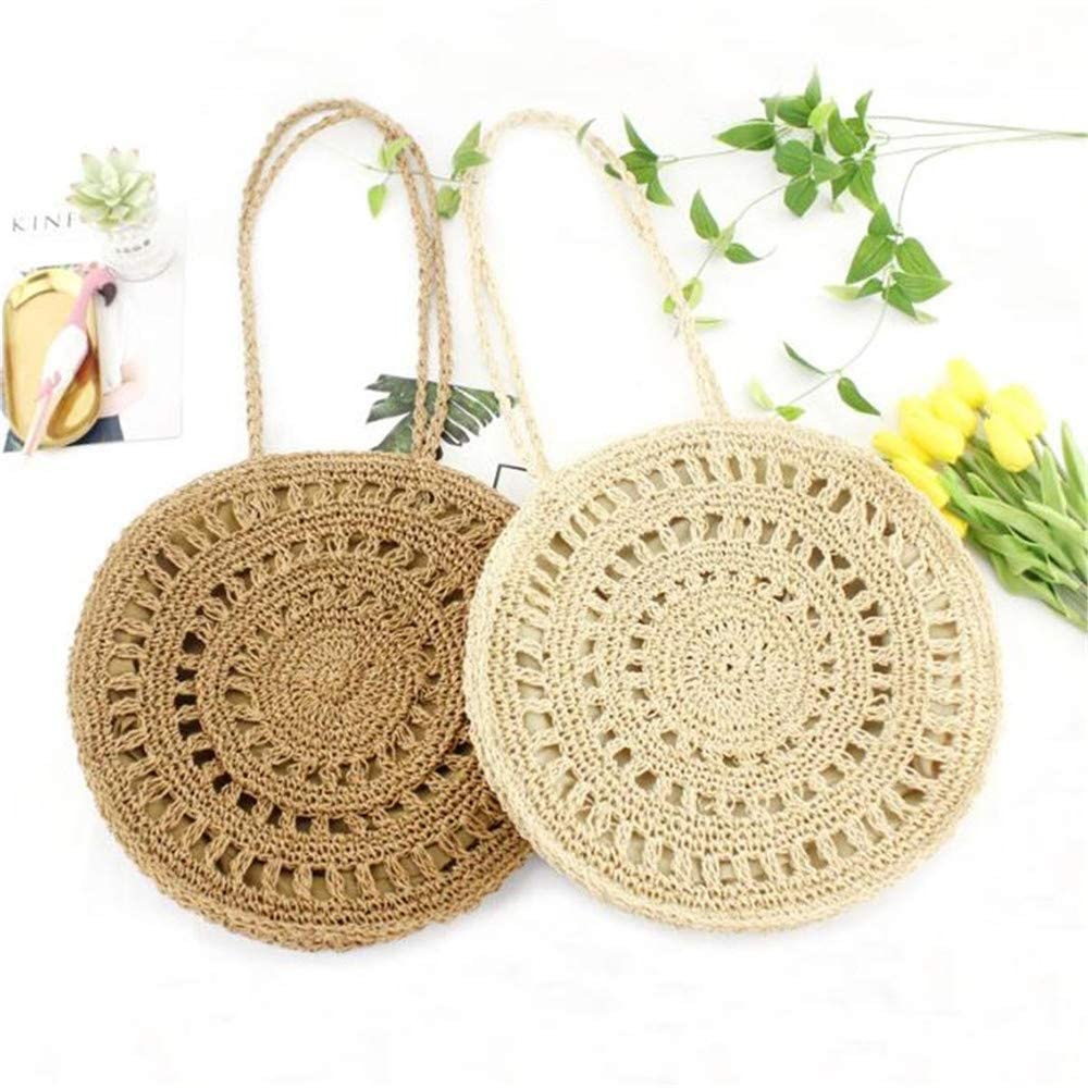 RajoNN Strohtasche, modische Damen-Handtasche, gewebt, rund, Rattan-Stroh, Umhängetasche für Strand, Reisen und den täglichen Gebrauch (Kaffee) (Kaffee)