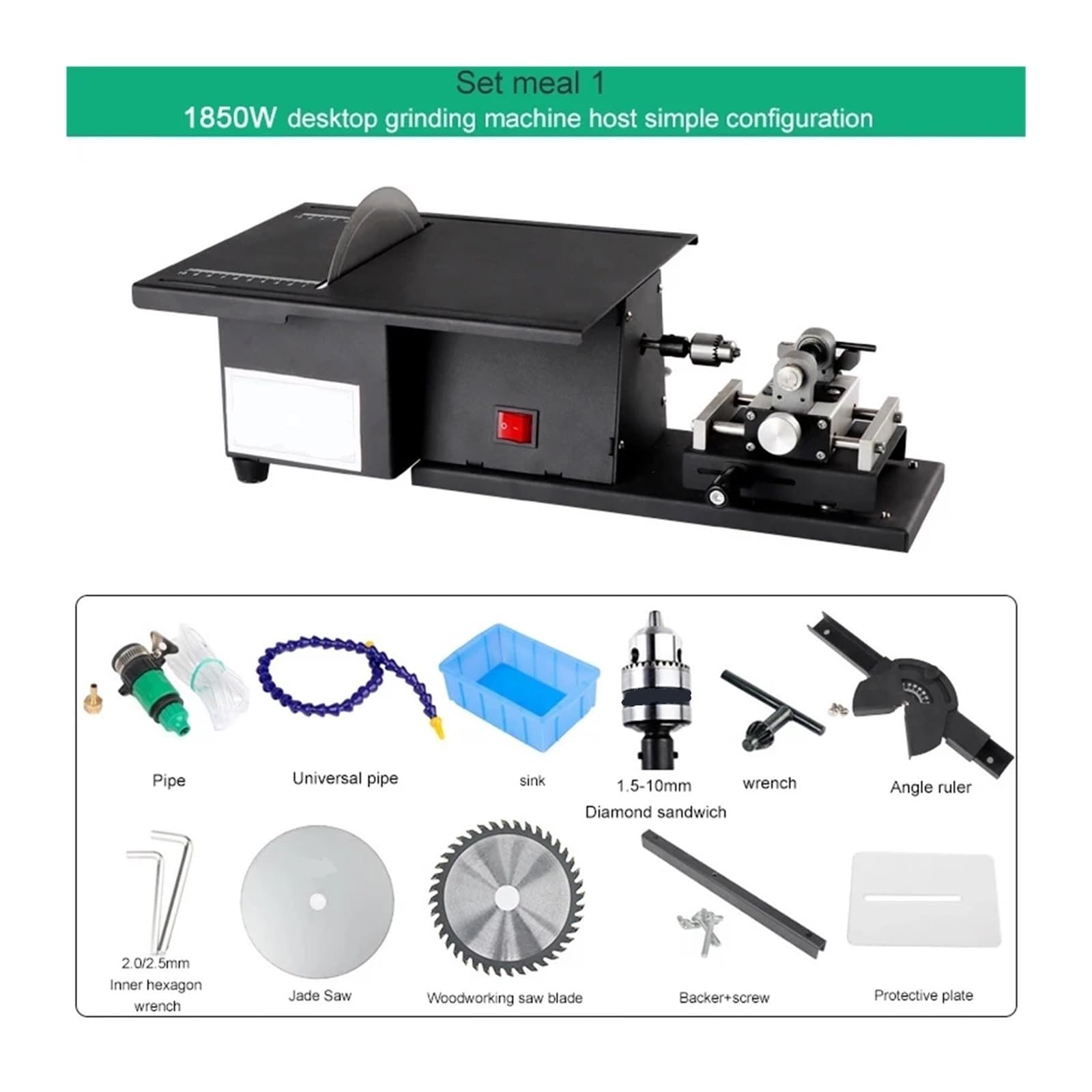 Sierra de mesa portátil Mini Sierra De Mesa Multifunción 1850 W, For Amolar Y Cortar Jadeíta, Todo En Uno, Herramienta Pulir Tallar, para muebles de bricolaje, carpintería(Set meal 1)