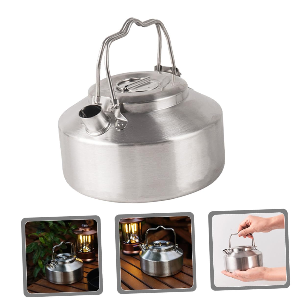 Camping Teekessel 1 L aus Edelstahl Silber, Tragbarer Kocherkessel | Herdplatte und Gas, Outdoor Format für Zuhause und Selbstfahren, Kompakt als Teekanne