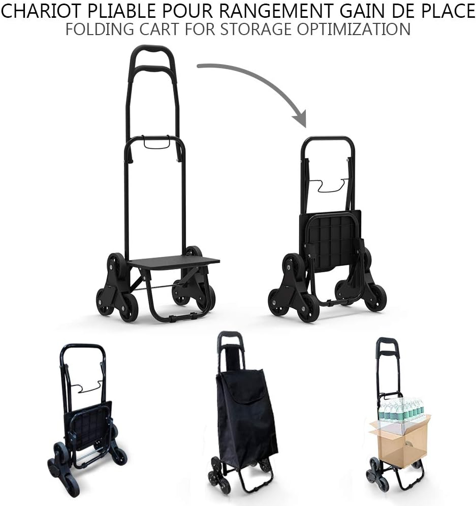 Diagram illustrating the folding and unfolding process of the VOUNOT shopping trolley frame, showing it transforming from a compact folded state to an upright, ready-to-use configuration, and its use as a cart without the bag.