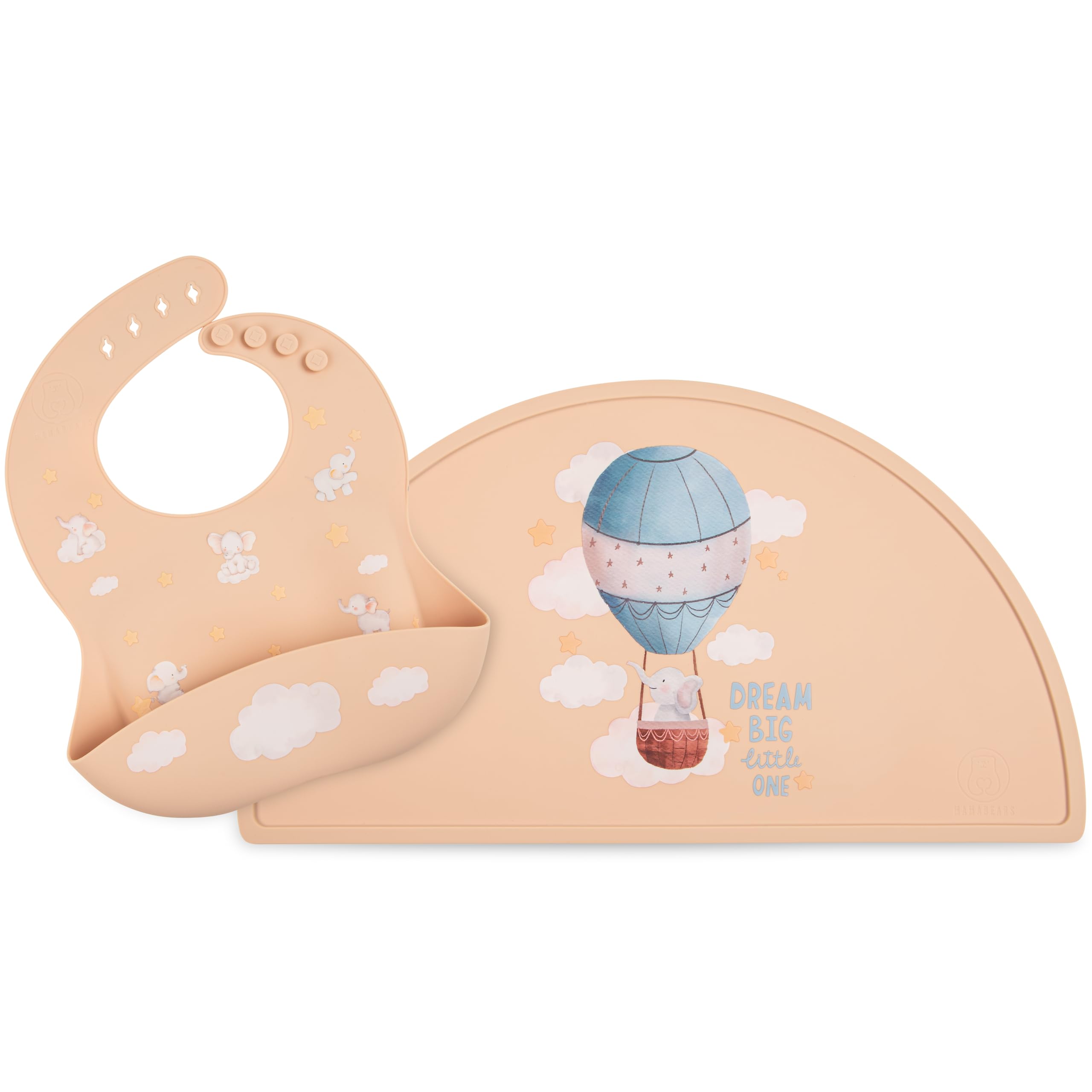 Mamabears Silicone Baby Bib and Mat Set Combination 2 items! | Boys Girls Babies & Toddlers | Waterproof, Adjustable, BPA Free | Blush Pink (Elephants)