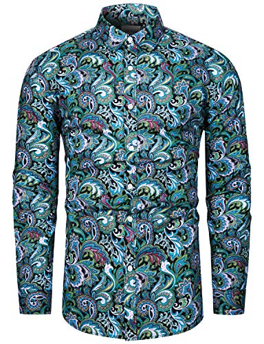 TUNEVUSE Mens Paisley Dress Shirt Long Sleeve Retro Floral Print Casual Patterned Button Down Shirt Cotton Green Paisley Print Small