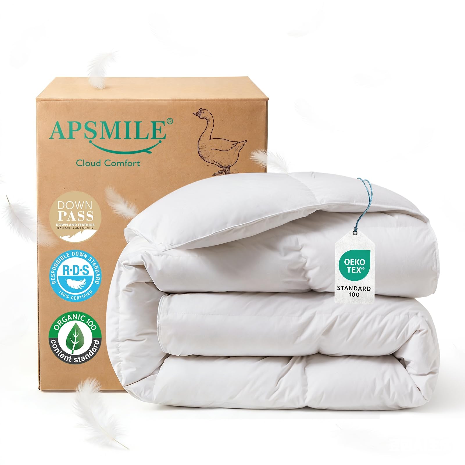 APSMILE Daunendecke 240x260 Ganzjahres I 100% Baumwolle Bettdecke mit 50% Gänsedaunen & 50% Gänsefedern I Allergiker geeignet (Ökotex) | Tierwohl Zertifiziert (DOWNPASS) | Waschbare Federbettdecke