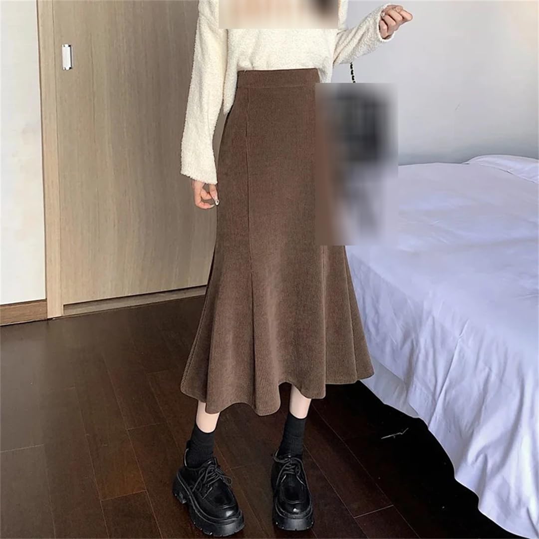 Yeuyyben Velluto a coste Gonna Lunga Donna Autunno Inverno Increspature Vita Alta Midi Gonne Donna Indietro Gonne Elastiche