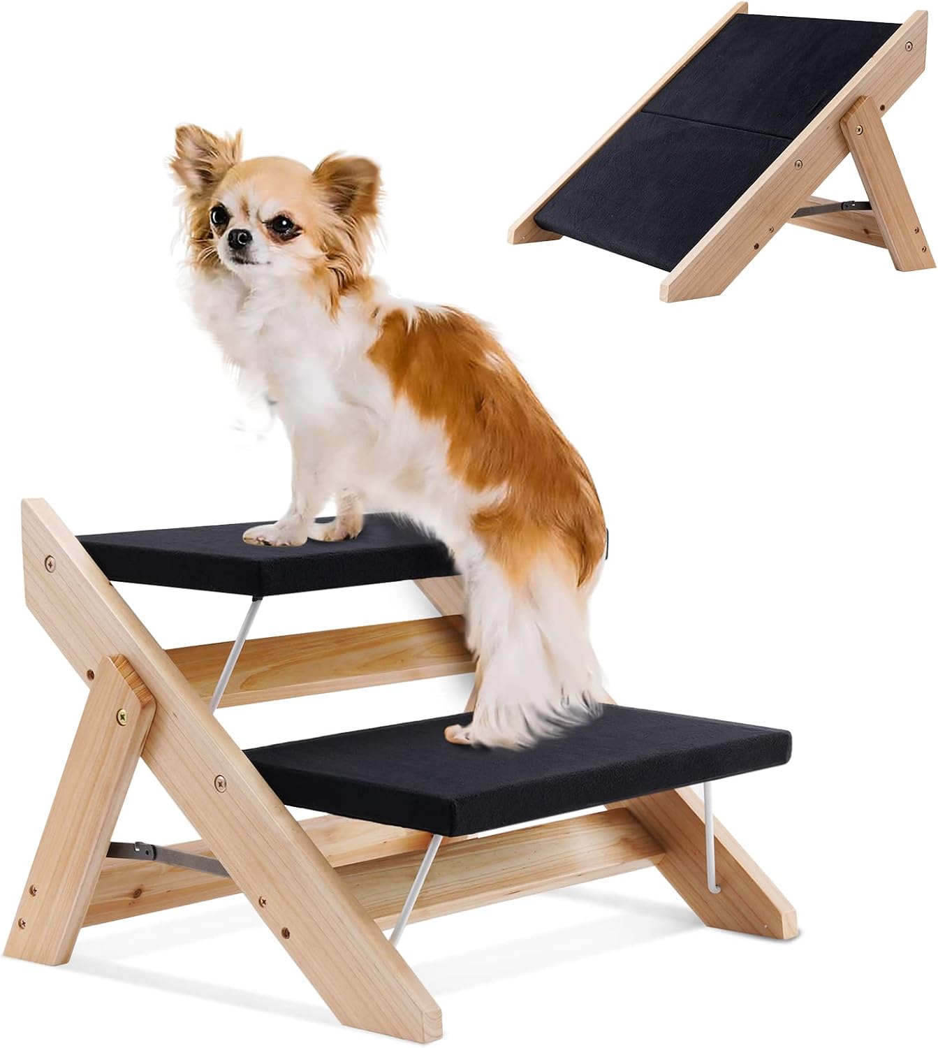 2 in 1 Foldable Dog Stairs, Wooden Pet Steps Ramps for Cats and Small Dogs, Portable Non Slip Pet Ladders for Car, Couch and High Bed, 2…