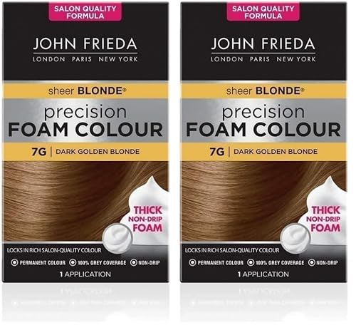 Image of John Frieda Sheer Blonde Precision Foam Colour 7G Dark Golden Blonde Hair Dye for Blonde Hair, Non-Drip Permanent Hair Colour, 100% Grey Coverage (Pack of 2)