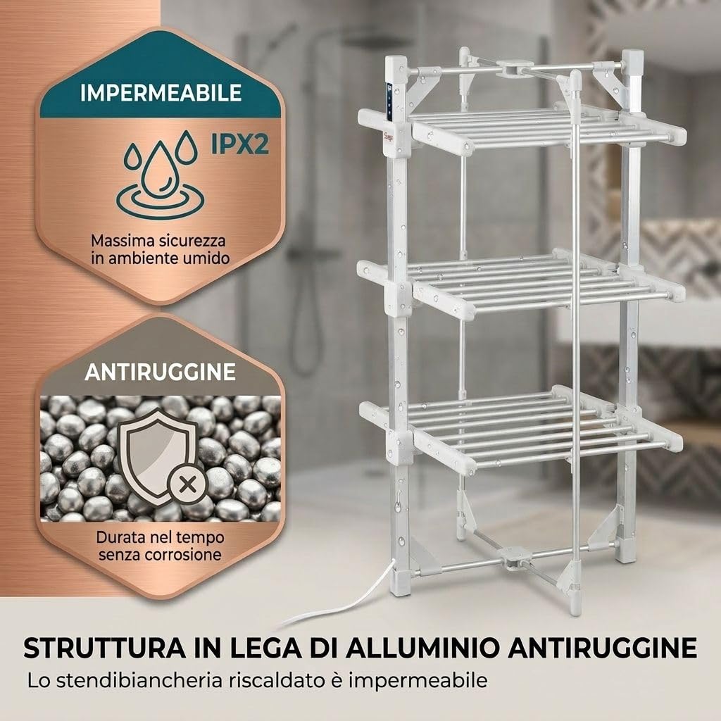 Sirge Stendibiancheria Elettrico Riscaldato Digitale AsciugaSano 220W, Timer 1-9h, Temperatura 30-70°C, display