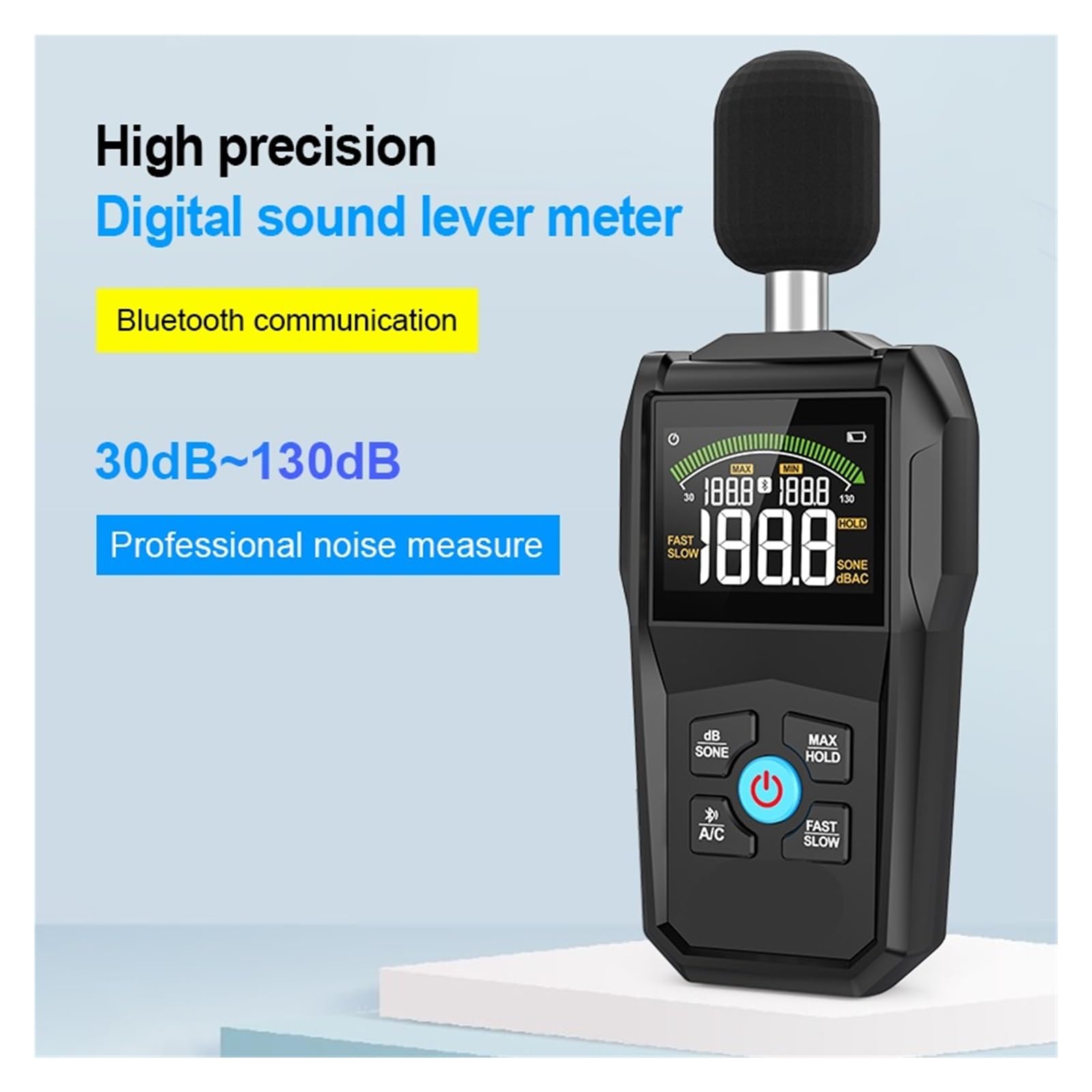 Décibel mètre, Compteur de bruit Bluetooth, affichage couleur, taux d'échantillonnage rapide et lent, moniteur Microphone capacitif 30-130dB