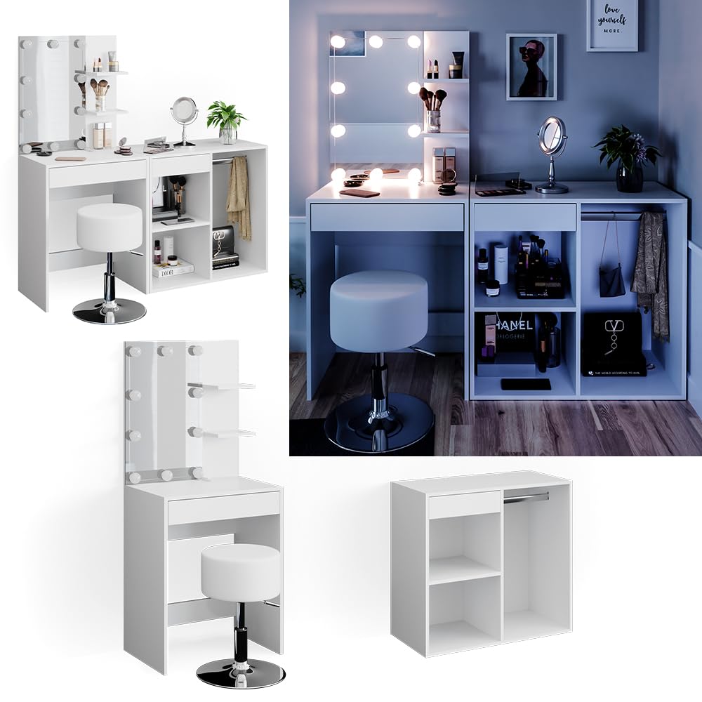 Coiffeuse Vicco Isabelle Blanche Avec Miroir Et Tabouret Design, MDF, Neuve