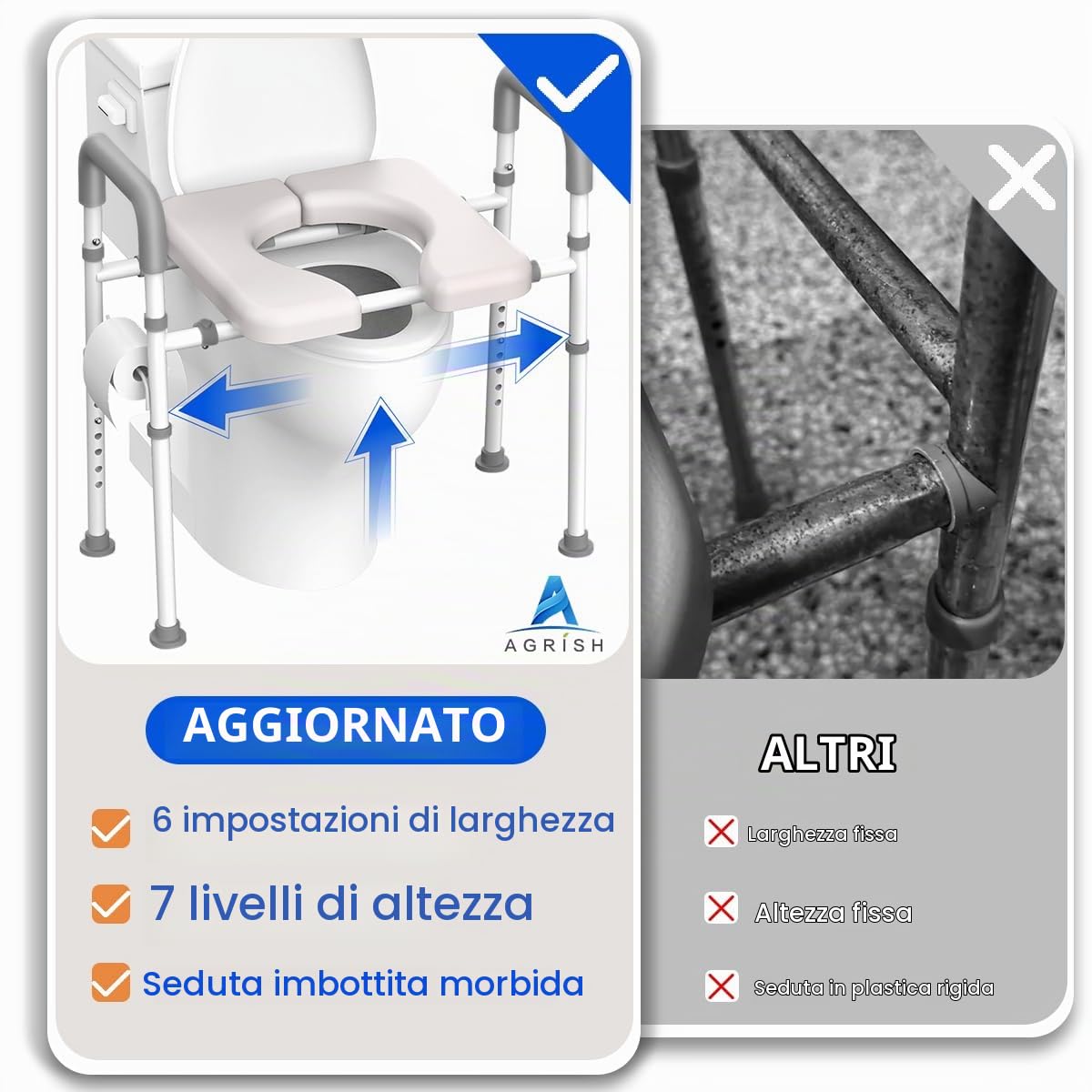 Sedile WC rialzato con maniglie regolabili - Larghezza e altezza regolabili, struttura portante fino a 180 kg, per anziani e disabili, adatto a qualsiasi WC