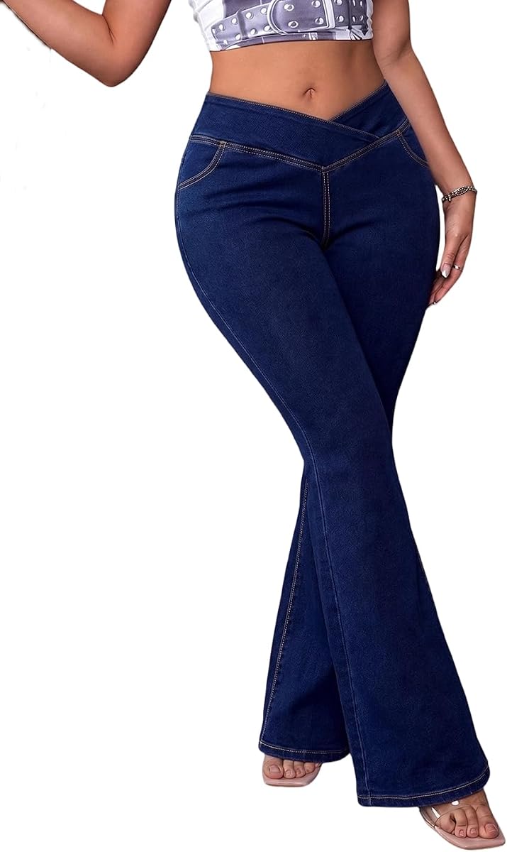 Women’s High Waisted Flare Jeans Stretchy Bell Bottom Denim Pants with Crossover Elastic Waist for Tall Women