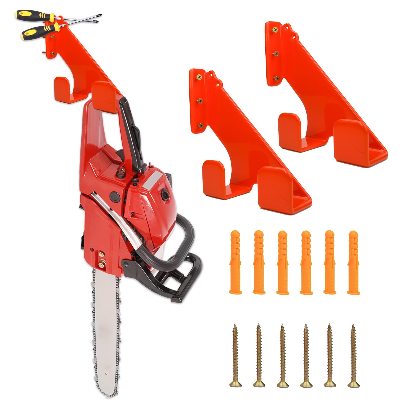 DingxinOutdoor Kit de soporte para motosierra y accesorios, organizador de montaje en pared que incluye soporte para botella de aceite y afilador de cadena, ajuste universal para motosierras de gas y