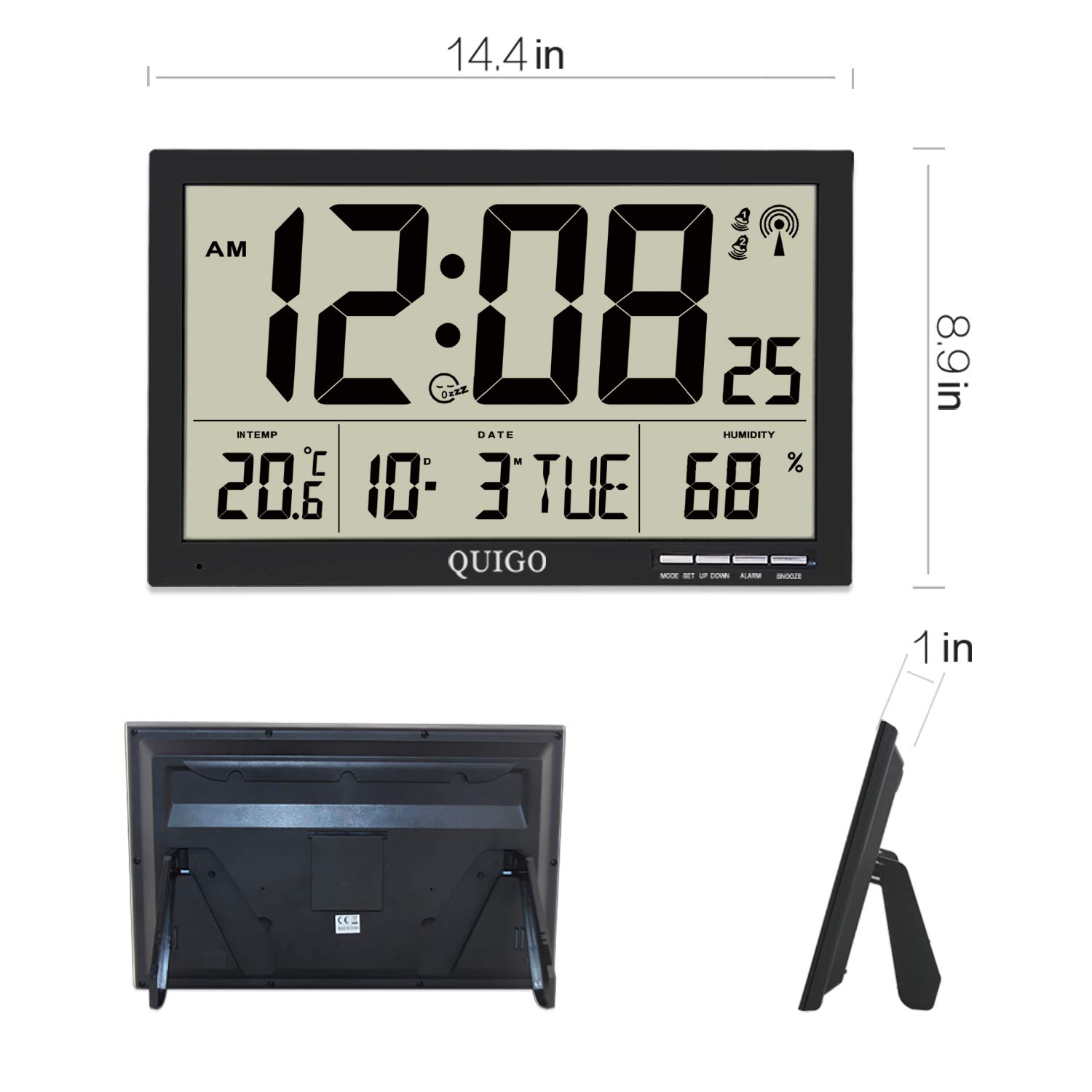 QUIGO Large Digital Wall Clock Atomic Battery Operated Alarms Jumbo