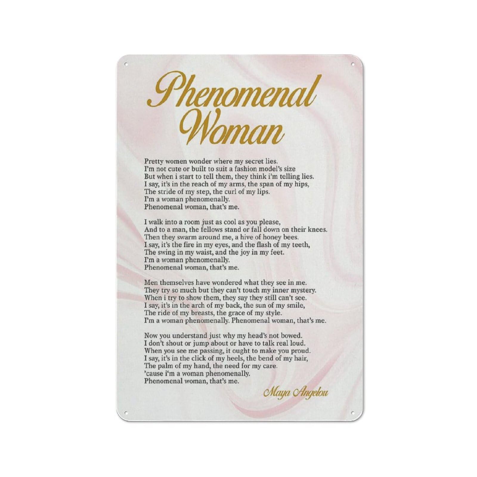Jaesxxco Women's Tin Sign4 Funny Retro Metal Tin Sign Phenomenal Woman Poem Print Positive Literaty Maya Angelou Quote Paintings Sign Feminist Empowering Poster Artwork Modern Home Office Decor 5.5X8 Inch