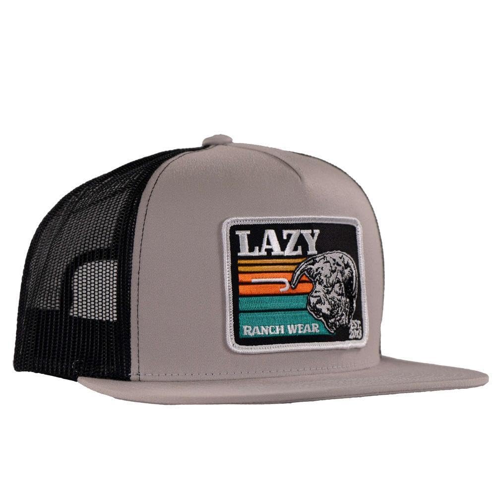 Lazy J Ranch Dusk Sunset Retro Classic Five Panel Trucker Hat - Adjustable Unisex Country Hats, Vintage Trucker Hat, Silver Grey & Black, L
