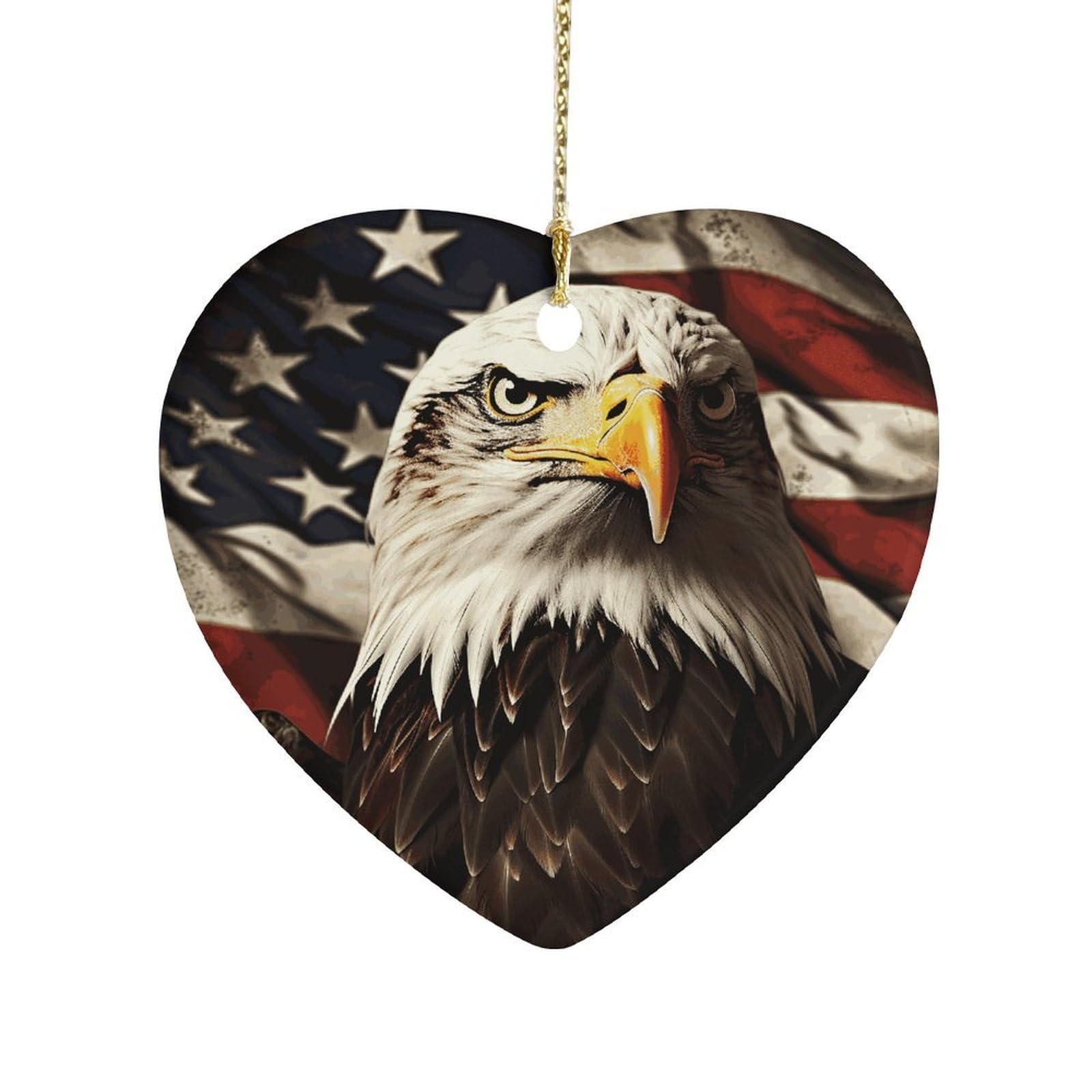 Bald Eagle Flag Veterans Heart Ornament Precious Heart-Shaped Pendant Idea Ceramic Ornaments with Gold String Personalized Heart Shaped Decoration for Outdoor Party Love