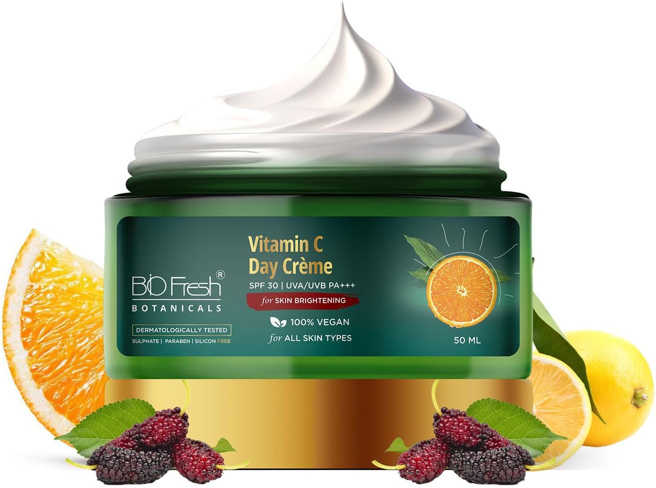 BIOFRESH BOTANICALS Vitamin-C Day Cream SPF 30 | UVA/UVB PA+++ - 50ml Collagen Boosting Moisturizer 100% Vegan Paraben Free Hydrating Face Cream with Aloe Vera & Vitamin E with UV Protection Cream