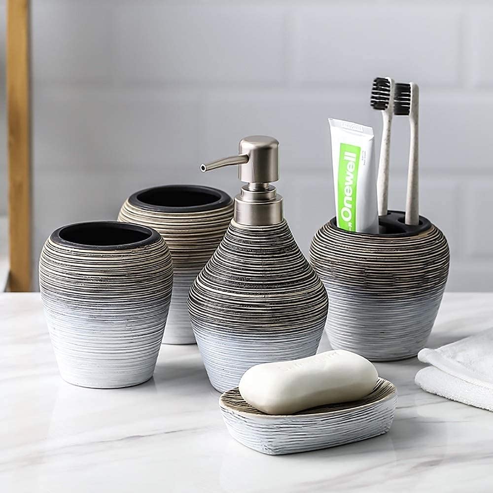 DSMYYXGS Cerámica Juego de Accesorios para Baño Cepillada Porta Cepillos de Dientes, Jabonera, Dispensador de Jabón, Vaso para Enjuague Bucal (Bandeja de Melamina Puede Elegir) (Size : 5 Piece Kit)
