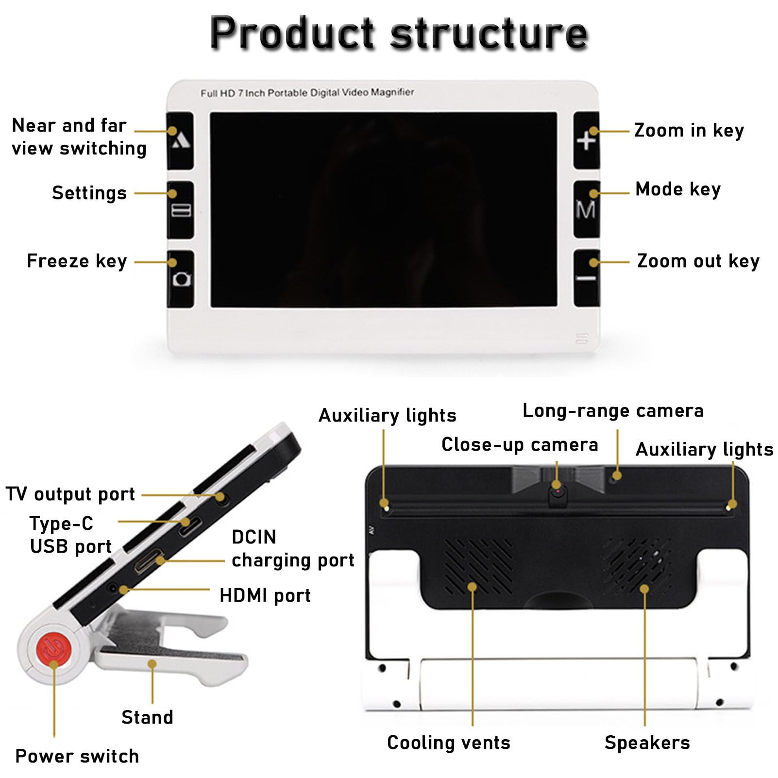 Lupa electrónica de 7 Pulgadas con Zoom de 2X a 32X, Lupa portátil para Lectura de periódicos para Personas con discapacidad Visual, Lupa Digital de 26 Modos de Color, para Personas Mayores
