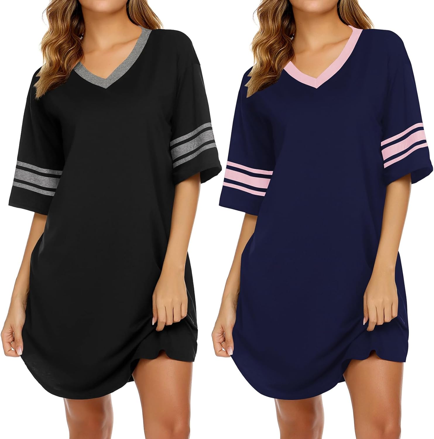 Ekouaer Nightgowns for Women 2 Pack Sleepshirts Short Sleeve Nightshirt V Neck Sleepwear Casual Pajama Dress