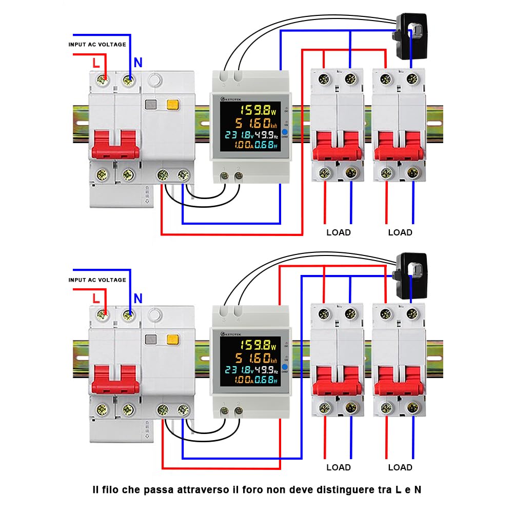 KETOTEK Contatore Energia Elettrica Monofase, 2 Canali - Misuratore Consumo Elettrico su Guida DIN AC40-300V con 2 CT da 100A, Contatore kWh con Trasformatore di Corrente a Nucleo Diviso
