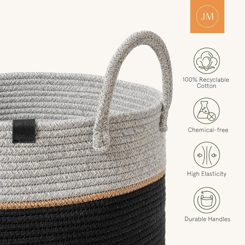 Image of Storage Cotton Rope Basket and Laundry Hamper for Dirty Clothes, Towels, Blankets, Pillows Storage in Living Room, Laundry Room and Bedroom (Black Grey, 14x16 Inch)