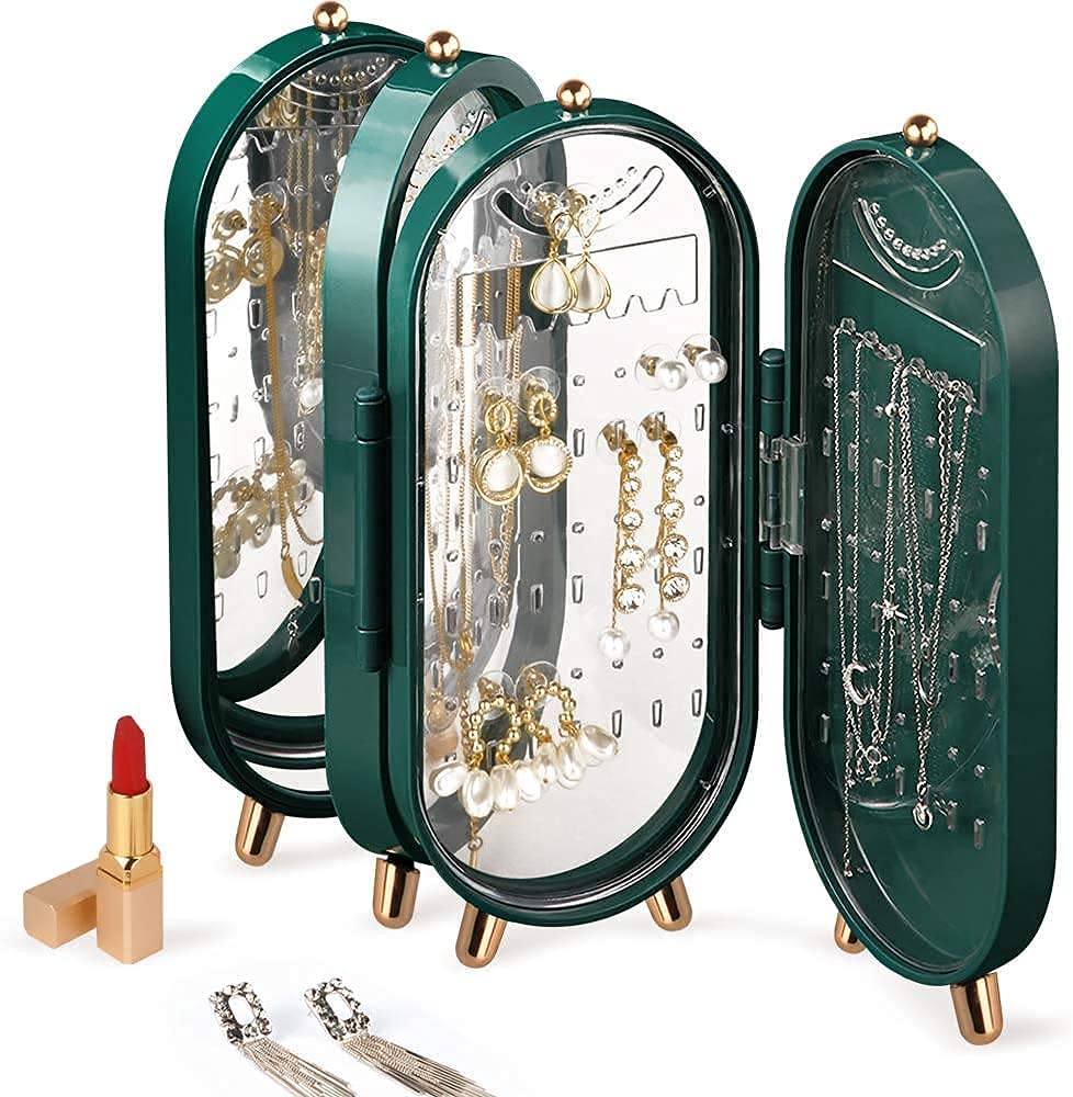 Cretee ABS Foldable Jewelry Organizer 153 Holes Earings, Earring Holder Jewelry Display Rack, Earring Necklace Jewelry Box with Mirror, Gift for Girls Women (Green)
