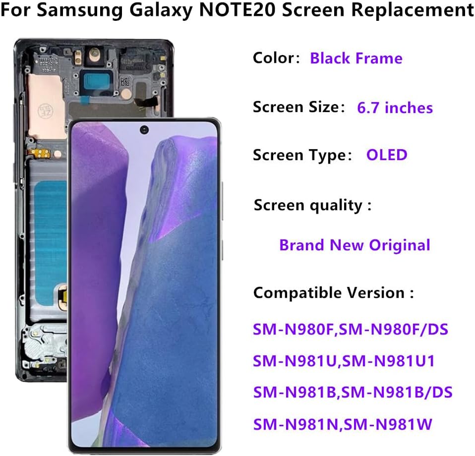 OLED for Samsung Galaxy NOTE20 5G LCD Screen Replacement Galaxy NOTE20 SM-N981U SM-N981B Display Screen Touch Digitizer Assembly Supports Fingerprint (with Black Frame+Soft Film+Tools)