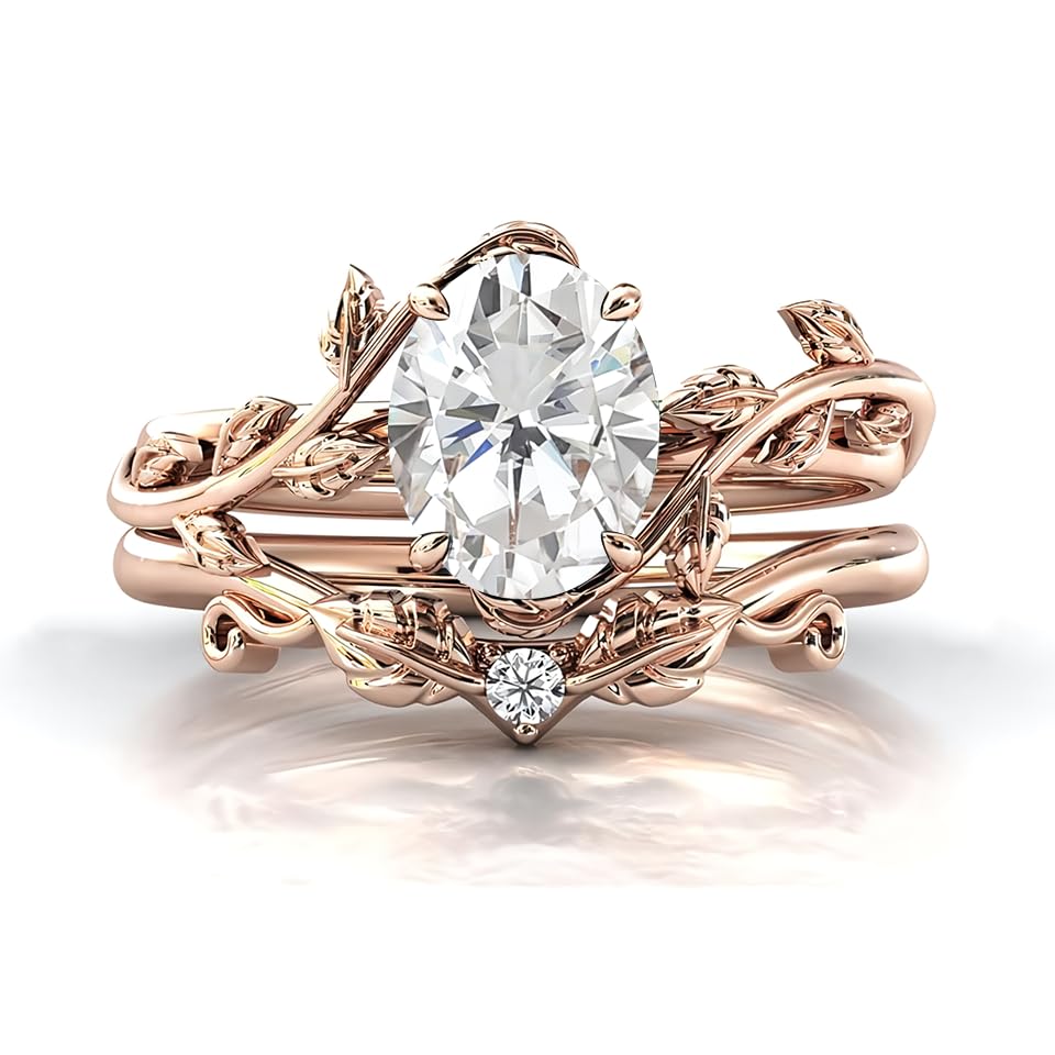 Moissanite or Lab Grown Diamond Engagement Ring 1ct Oval Cut Wedding Ring Sets for Women Art Deco Vine Leaf Moissanite Bridal Sets Moissanite Engagement Ring Set Promise Ring(D Color, VVS Clarity)