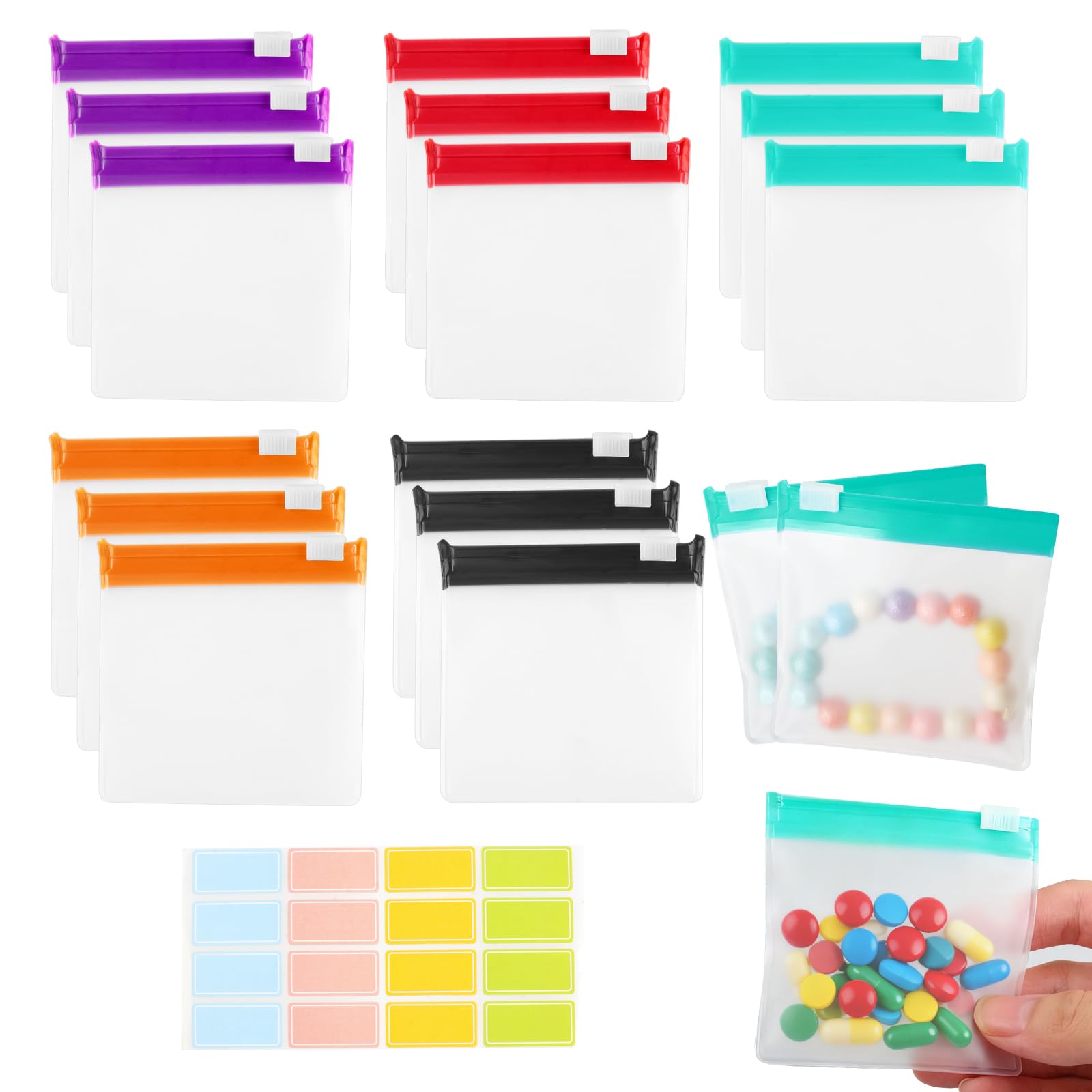 15 Stück Mini Zip Beutel, 7,5 x 7,5 cm Wiederverwendbare Medikamententasche Klein, EVA Tragbare Kleine Zipper Tütchen, Mehrfarbige Pillenbeutel mit 16 Aufkleber, für Reisen und Alltag