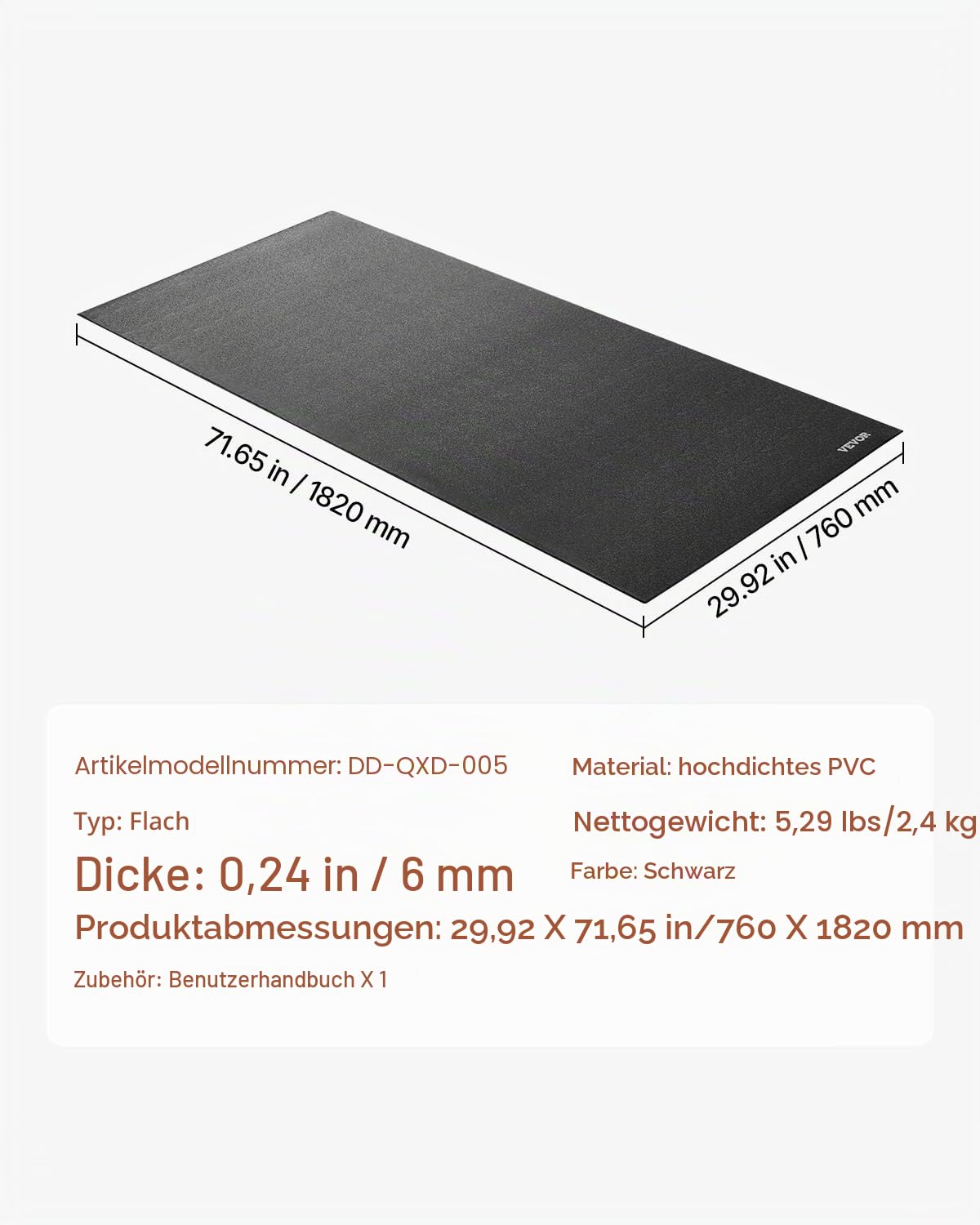 VEVOR Laufbandmatte für Teppichboden Bodenschutzmatte (760 x 1820 mm) für Sportgeräte 6 mm dick, Trainingsgerätematte für Laufbänder Heimtrainer Liegeräder, hochdichter PVC-Bodenschutz